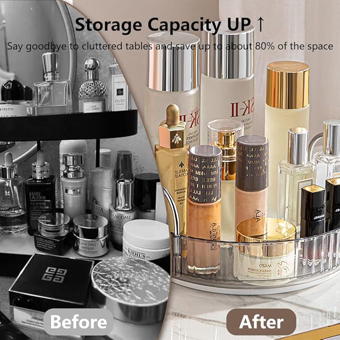 Rotating Makeup Organizer for Vanity, Spinning Cosmetics Storage for Bathroom Countertop, Skincare Holder Rack for Facial Cream, Perfume, Lotion, Lipstick (1 Tier, Smoky Grey)