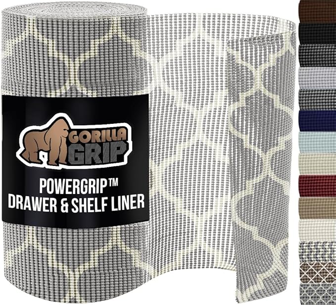 GORILLA GRIP powerGRIP Drawer Shelf and Cabinet Liner, Thick Strong Hold, Non-Adhesive Liners Protect Kitchen Cabinets and Cupboard, Bathroom Drawers, Easy Install, Breathable Mat, 12" x10' Quatrefoil