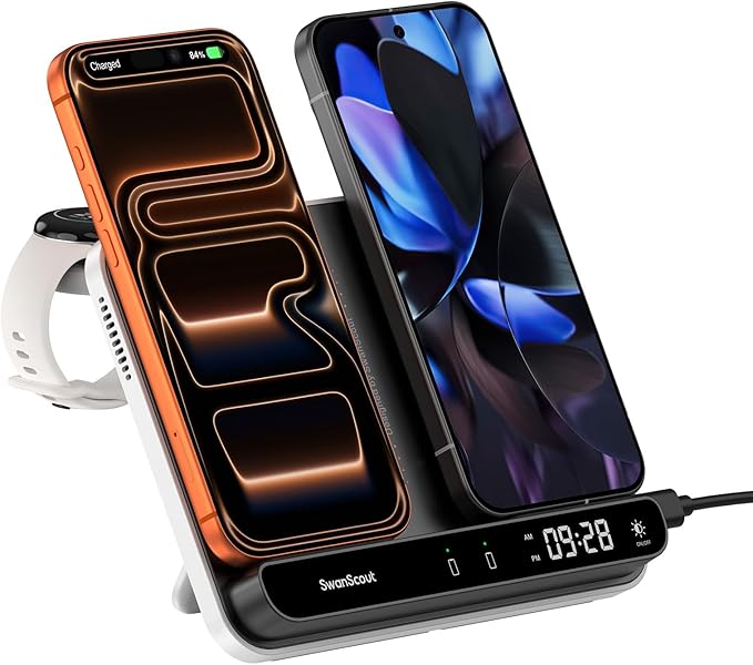 Dual Phone Wireless Charger for iPhone 17/16/15/14 Series for Galaxy S25/S24/S23/S22 for Pixel 9 Pro Fold/8/7 Only for Pixel Watch 3/2(Not for Watch 4/1) Fitbit Versa 4/3/Sense 2 SwanScout 710FG2
