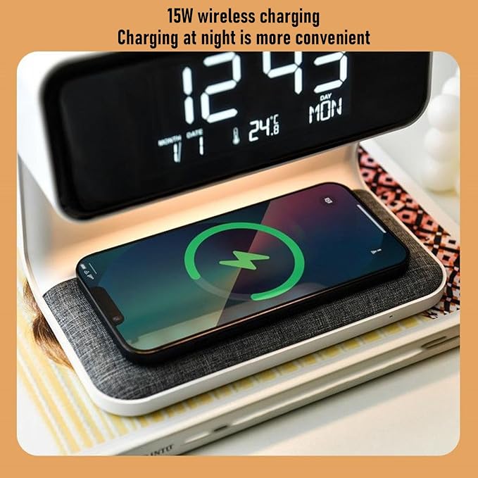 3 in 1 Wireless Charging Digital Alarm Clock with 15W Fast Charger Night Light Date Temperature Display for Bedroom Desk