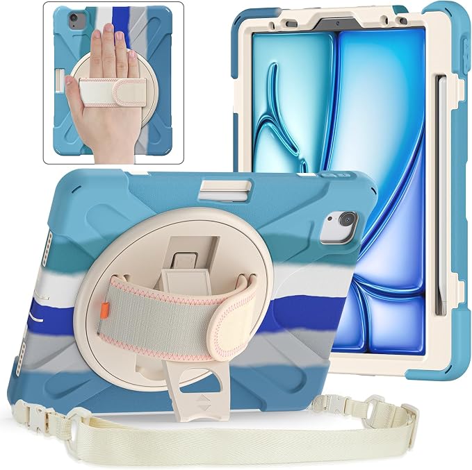 Batianda VortiGrip Case for iPad Air 11 M2/M3/M4 2024-2026 Colorful Blue | Heavy Duty Triple-Layer Rugged Case with 360° Rotating Hand Strap Foldable Hidden Stand Shoulder Strap and Pencil Holder