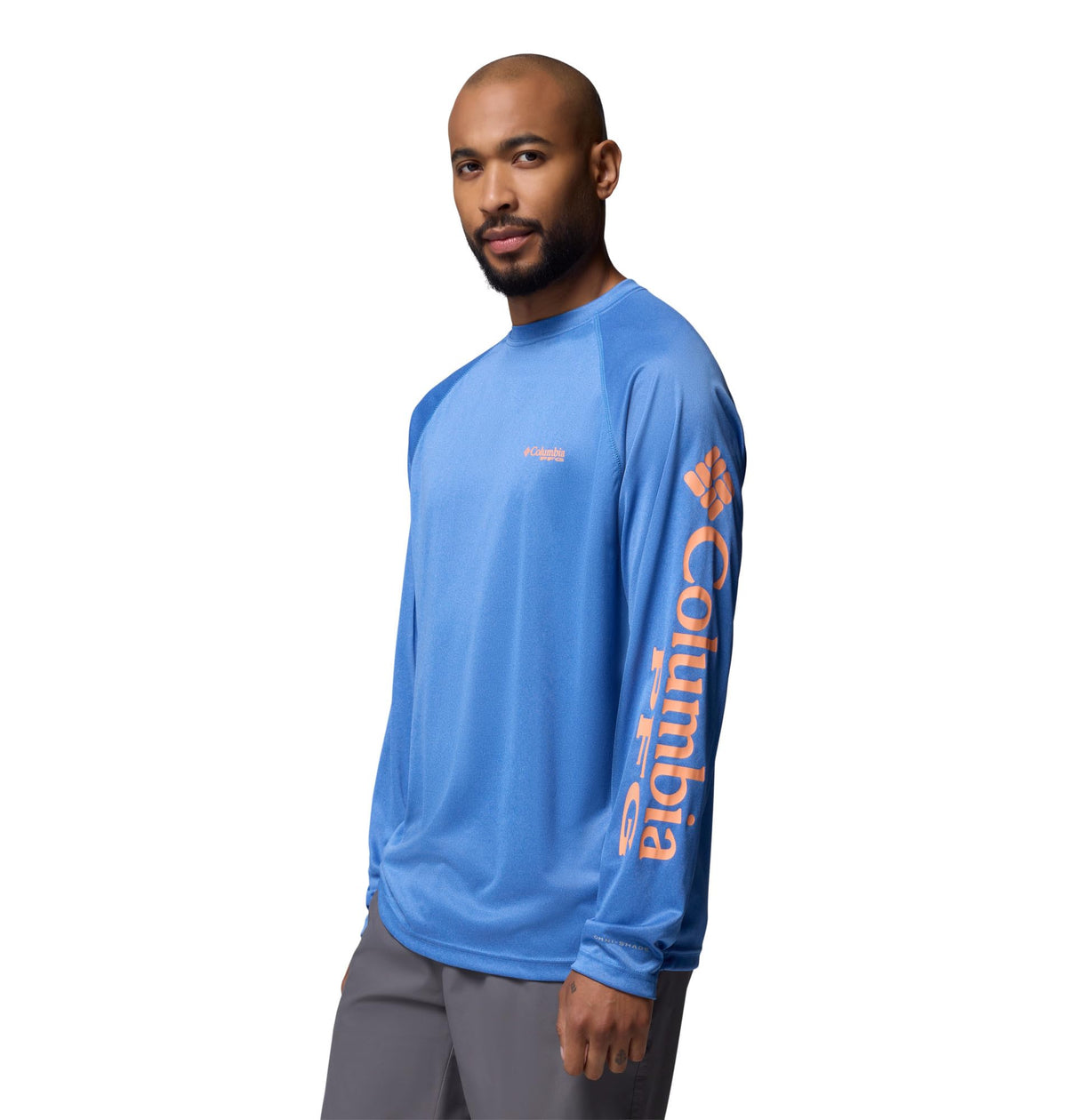 Columbia Men's PFG Terminal Tackle Long Sleeve Fishing Shirt, Vivid Blue Heather/Bright Nectar Logo, 3X Tall