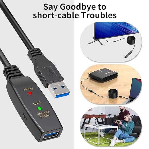 100ft Active USB 3.0 Extension Cable Male to Female USB Extender with 3 Signal Boosters SuperSpeed 5Gbps Data Cord (Micro USB Power Cable Included) for Webcams Printers VR Security Cameras