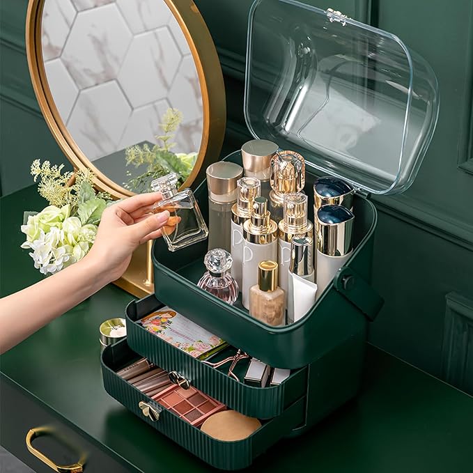 Preppy Skincare Organizers Makeup Organizer Holder Cosmetic Storage Box Display Case 3 Tiers Dust Free Cover Portable Handle 2 Rroomy Drawers Gift Great For Bathroom Countertop Dresser Dark Green