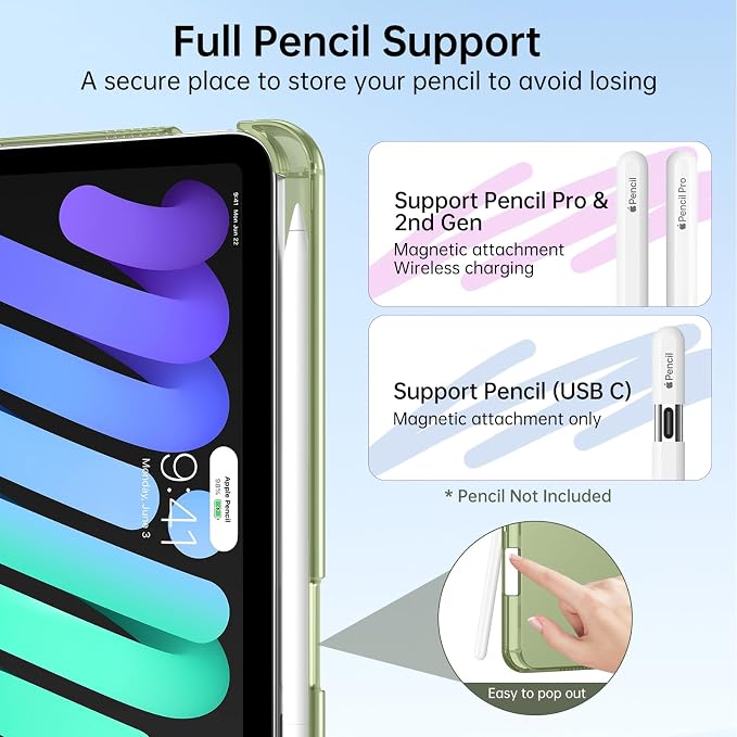 MoKo for iPad mini A17 Pro Case 8.3 Inch 2024 iPad mini 7th/6th Case 2021 | For iPad Mini Case with Pencil Holder Light Trifold Smart Protective Cover with Hard PC Translucent Back Shell Agave Gree