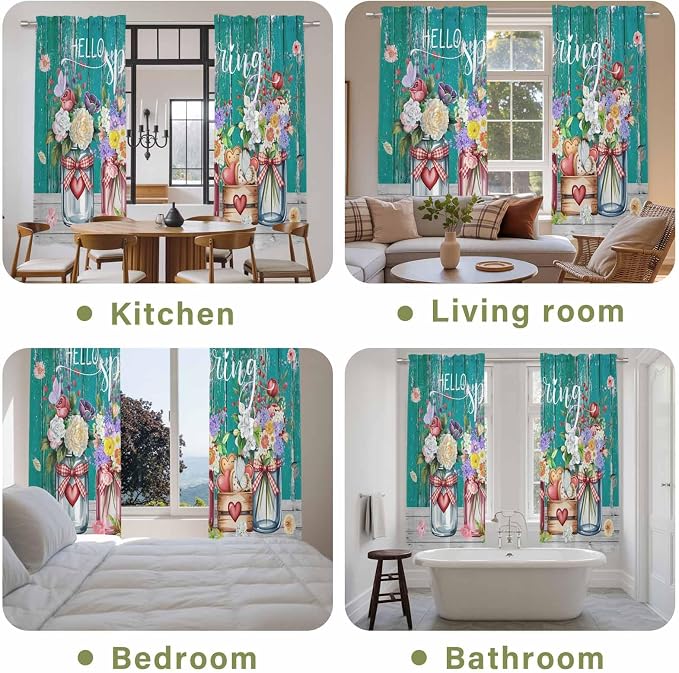Spring Flowers Kitchen Curtains, Farmhouse Watercolor Teal Wood Grain Light