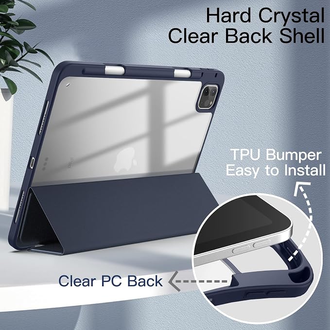 JETech Case Cover for iPad Pro 11 4/3/2/1 Black | For 2022/2021/2020/2018 Model Clear Back Pencil Holder Slim Shockproof Tri-Fold Stand Auto Wake/Sleep