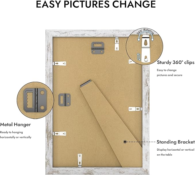 8x12 Picture Frame with Glass, Display Pictures 6x9 with Mat or 8 x 12 without Mat - Wall and Tabletop, 8 by 12 Photo Wooden Frames (Distressed White, 1 Pack)