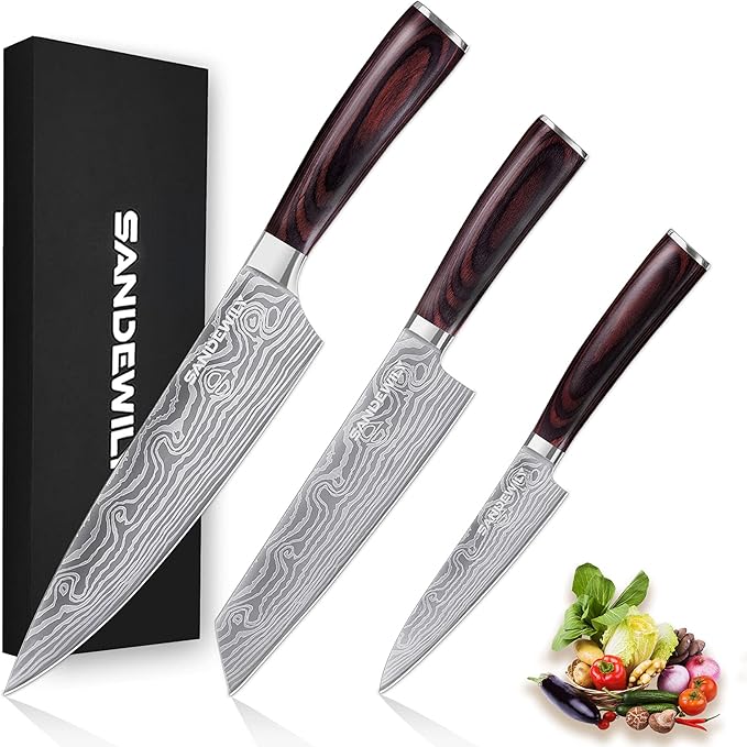 SANDEWILY Japanese Knife Set, 3 Piece Kitchen Knives with Sheaths