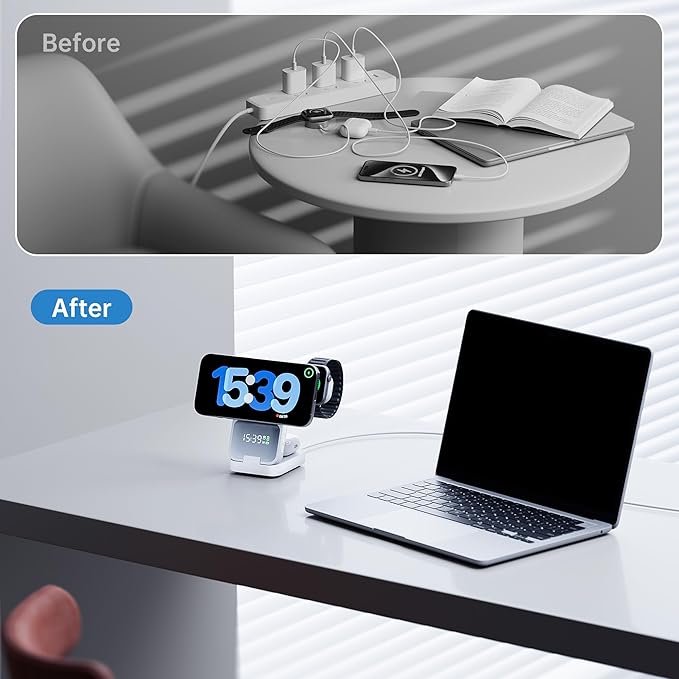 GUSGU MagTime 3 in 1 Wireless Charging Station with Real-Time Power and Time Display, Foldable Wireless Charger Stand, Compatible with iPhone 16/15/14/13/12, iWatch S1-10/Ultra, AirPods-White