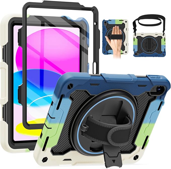 for iPad 9th 8th 7th Gen Case 10.2 inch with Screen Protector | 360° Rotating Kickstand Hand Strap Shoulder Strap Heavy Duty Military Grade - Kids Friendly
