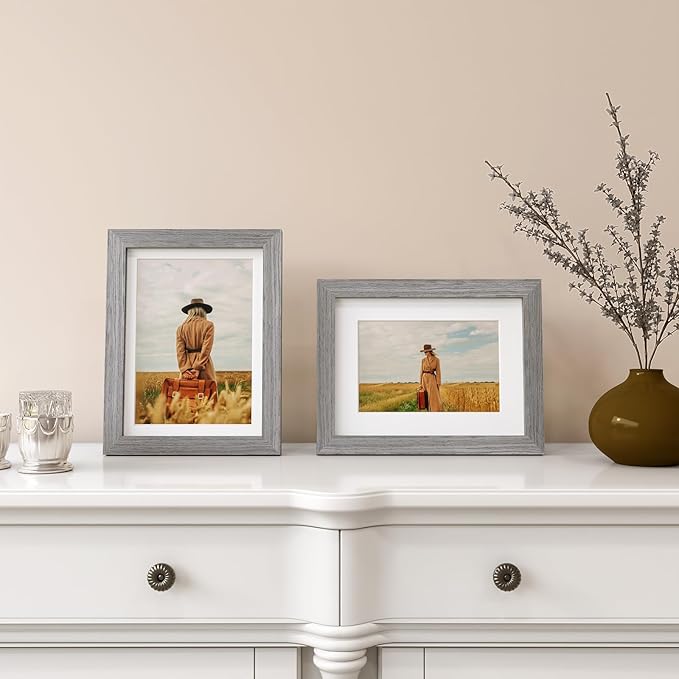 Egofine 6x8 Picture Frame Made of Solid Wood with Plexiglass, Display Pictures 4x6/5x7 with Mat or 6x8 Without Mat for Tabletop and Wall Mounting, Oak Grey