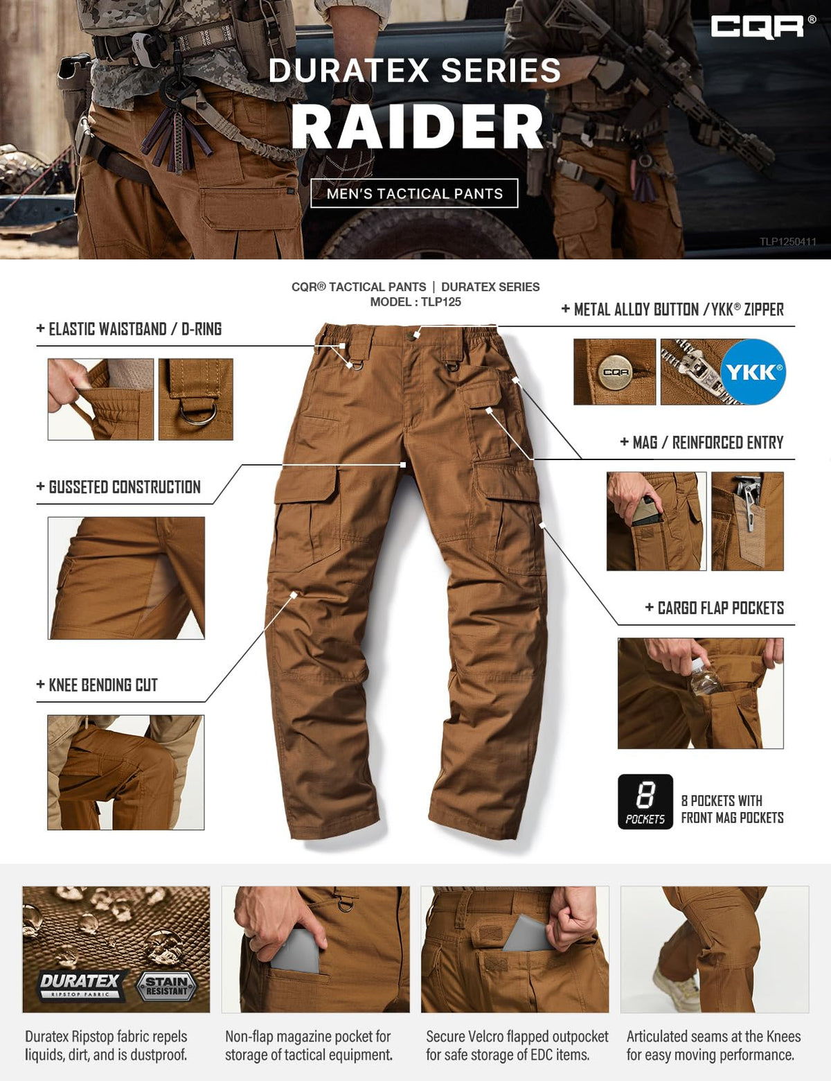 CQR Men's Tactical Pants, Water Resistant Ripstop Cargo Pants, Lightweight EDC Work Hiking Pants, Outdoor Apparel, Duratex Mag Pocket Copper Brown, 36W x 34L