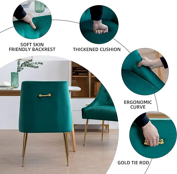Modern Dining Chairs Set of 4, Mid Century With 5.12" Cushions and Golden Legs, Velvet Upholstered With Back Pull Rod, for Kitchen, Living Room (Green)