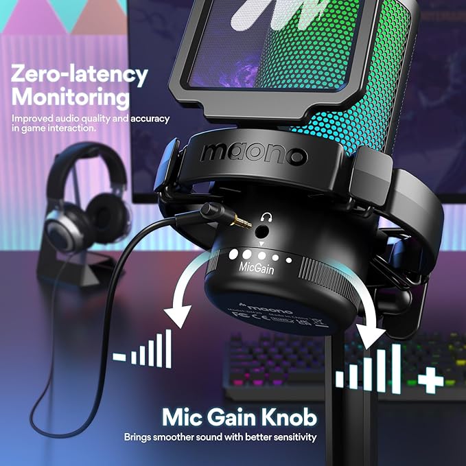 MAONO USB Gaming Microphone for PC, Noise Cancellation Condenser Mic with RGB Lights, Mute, Gain for Streaming, Recording, Podcast, Chat, Twitch, YouTube, Discord, Computer, PS5, PS4, GamerWave