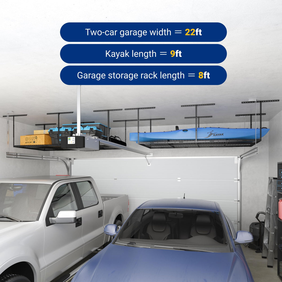 FLEXIMOUNTS 4x8 Overhead Garage Storage Rack, Adjustable Organization System, Heavy-Duty Metal Ceiling Racks, 750lbs Weight Capacity, Black, Classic Series