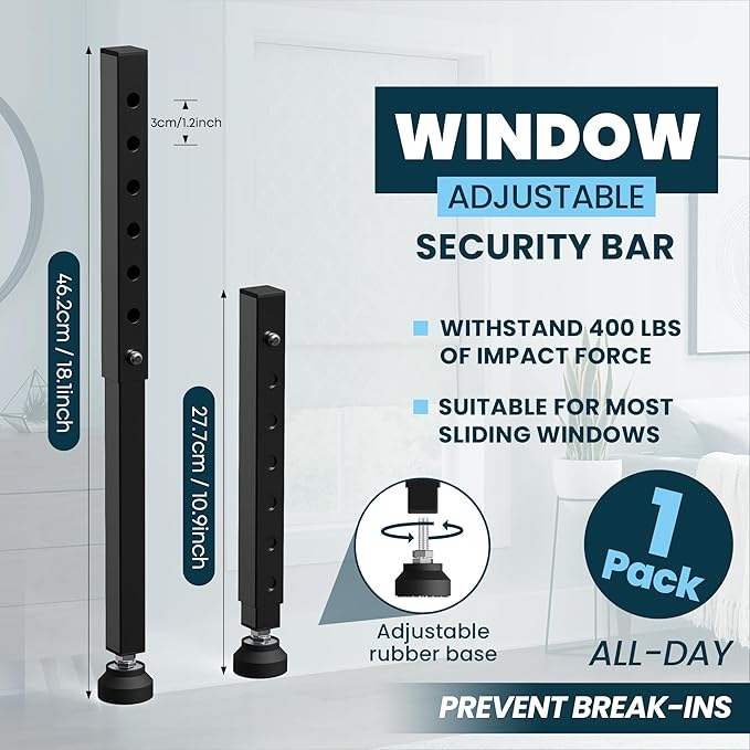 Gadgetzan 1 Pack Window Security Bars Adjustable 11"-18",Portable Short Sliding Window Lock Bar for Child Safety/Anti-Theft,Window safety lock with Rubber Base for Vertical and Horizontal Window-Black
