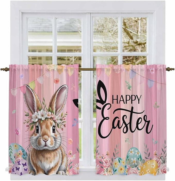 Easter Kitchen Curtains, Spring Rabbit Eggs Flowers Flags Leaves Wood Grain