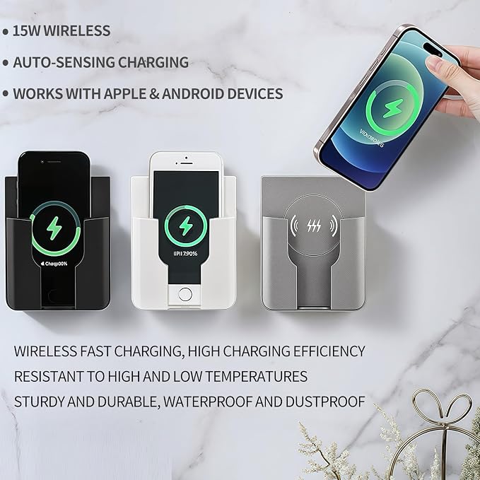 QI Universal Flush Wall Mount Wireless Charger15W Fast Charging Stand for PhonesAC 110–220V Easy DIY Install Compatible with iPhone &amp Android (Black)