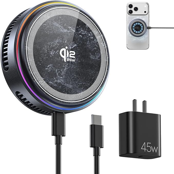 Qi2.2 Wireless Charger【25W Fast Charging+Cooling Fan】 Magnetic Charger Pad with 2 ModesLED Light Phone Holder Fast Charging Compatible with iphone17/16/15/14/13/12 Series (with 45W Adapter)