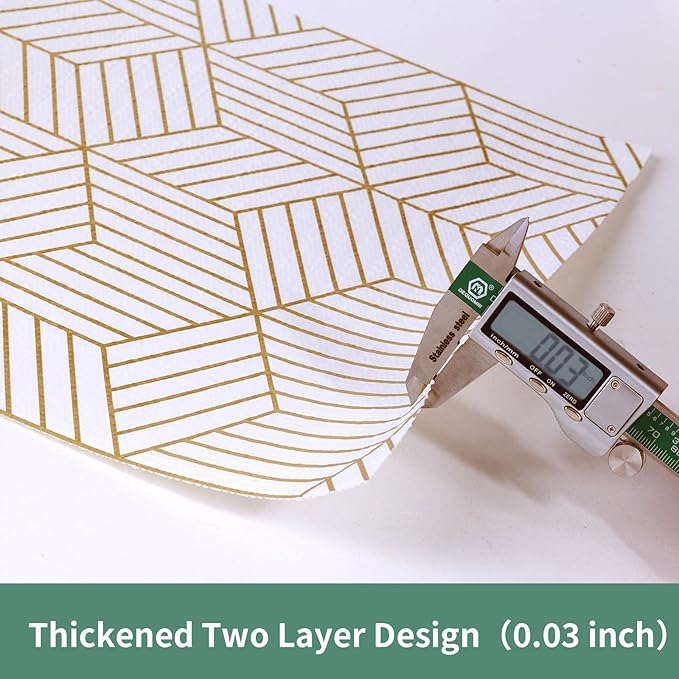 Shelf Liners for Kitchen Cabinets 17.5in x 20FT, Non Adhesive Cabinet Liner Strong Non-Slip Thickened Gold Geometric Drawer Liner, Easy to Clean for Shelf, Cabinet with Knife and Tape Measure