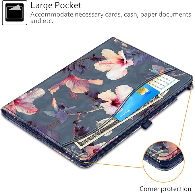 Fintie Multi-Angle Case 2017/2015 iPad Pro 12.9 inch (Old Model) 1st &amp 2nd Gen Case - [Corner Protection] Folio Stand Cover with Pencil Holder &amp Pocket Auto Wake/Sleep Blooming Hibiscus