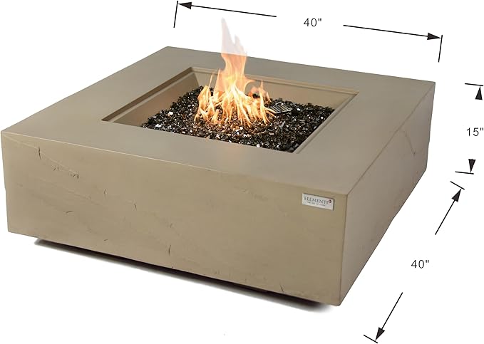 Elementi+ | Uluru Gas Fire Pit Cast Concrete 40" Square Fire Table, Outdoor Fire Pit Electronic Ignition | Canvas Cover, Fire Glass and Burner Lid Included | Sunlight Yellow | Natural Gas