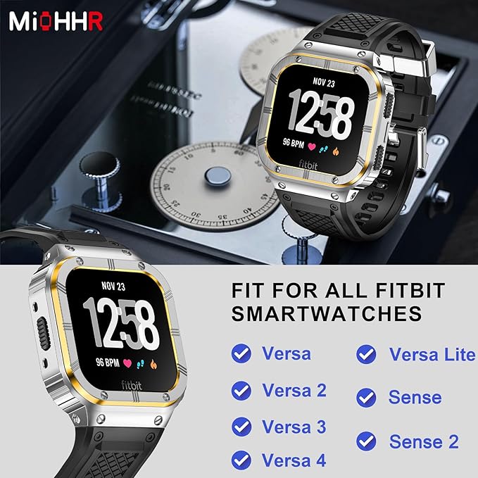 MioHHR Stainless Steel Case and Band Compatible with Fitbit Versa 4/3/2/Lite/Sense/Sense 2 Bands with Metal Case, Rugged Sports Protector Cover Silicone Wristbands for Men, Silver/Gold