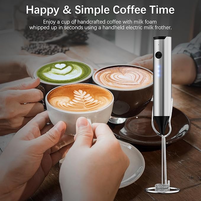 QTDHG Rechargeable Milk Frother with Stand, Electric Frother Wand Handheld Coffee Foam Maker Detachable Stainless Steel Whisk Drink Mixer Foamer for Latte, Cappuccino, Hot Chocolate, Egg (Silver)