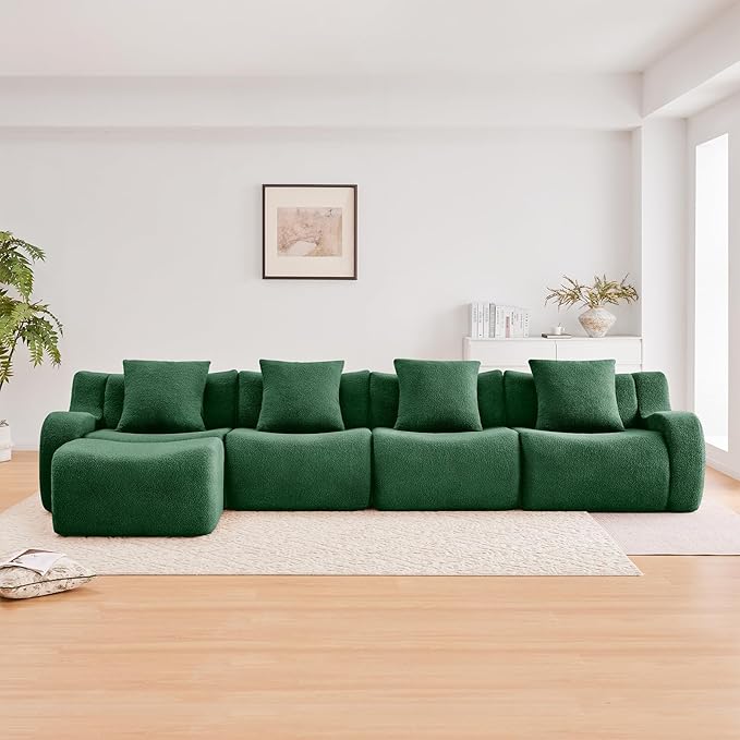 Green L-Shaped Cloud Couch with 1 Ottoman, Modern Teddy Fabric Boneless Sectional Sofa in a Box, Modular Floor Sofa for Living Room, Deep Seat, No Assembly Required, Sofas para Sala