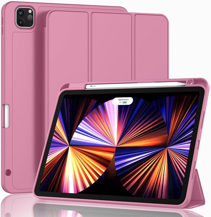 New iPad Pro 11 Inch Case 2022(4th Gen)/2021(3rd Gen)/2020(2nd Gen) with Pencil HolderSmart iPad Case [Support Touch ID and Auto Wake/Sleep] with Auto 2nd Gen Pencil Charging (Deep Pink)