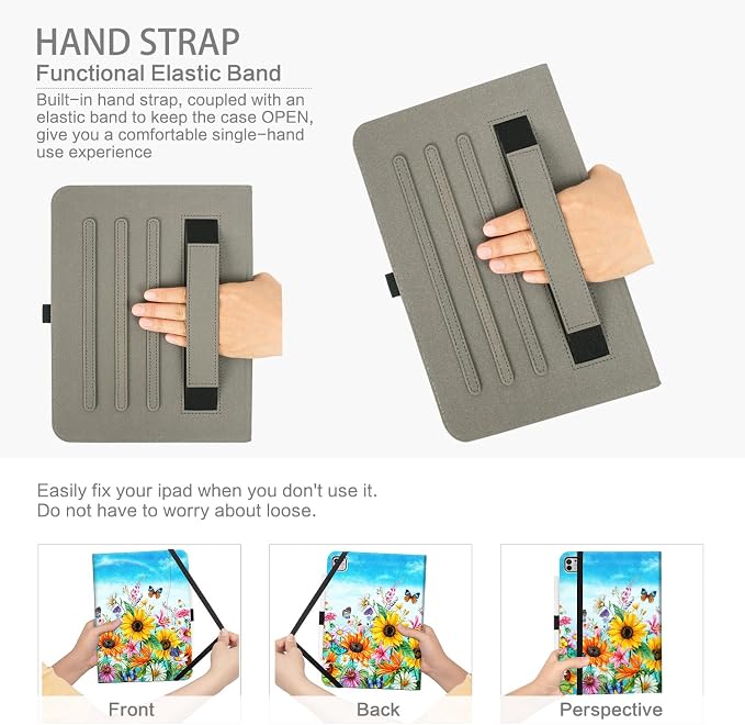 Case for iPad Air 13-inch M4/M3/M2 iPad Pro 12.9 6th/5th/4th/3rd Generation Case with Pencil Holder Multi-Angle Adjustable Stand Shockproof Pocket/Hand Strap/Auto Wake Sleep Sunflowers Butterfly