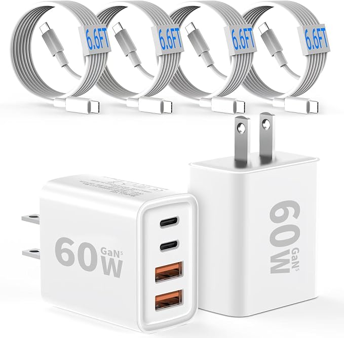 2 Pack USB C Charger Block 60W 4-Port GaN5 Super Fast Phone Charger Type C Charging Block PD 20W &amp QC 20W with 6.6FT USB C Cables for iPhone 17 Air/17/16/15 Pro Max Samsung Galaxy S24