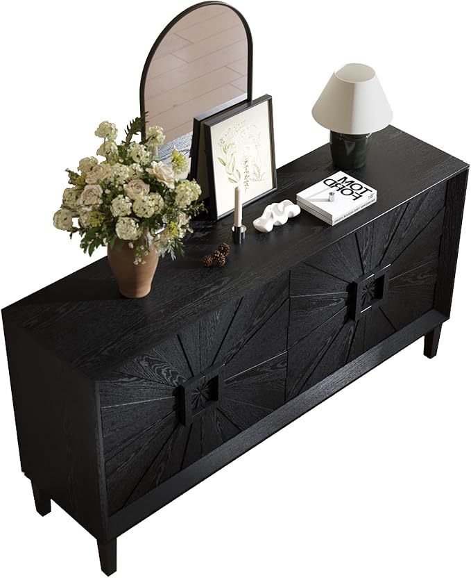 60'' Rustic Large Sideboard with 4 Doors and Adjustable Shelves, Heavy-Duty Antique Wood Entryway Console Table TV Stand for Living Room Dining Room (Black-10.2)
