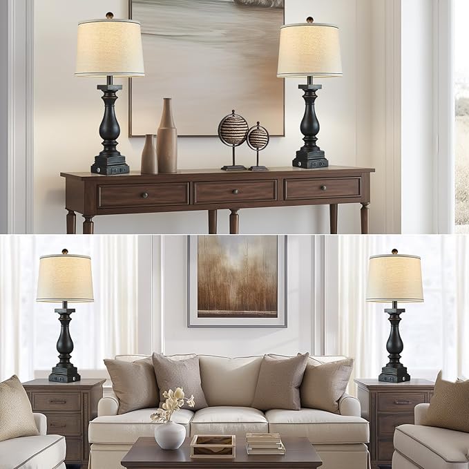 28" Tall Farmhouse Table Lamps Set of 2 with USB C+A Ports and AC Outlet, 3 Way Touch Control Rustic Bedside Lamp for Bedroom, Black Vintage Nightstand Lamp for Living Room Office