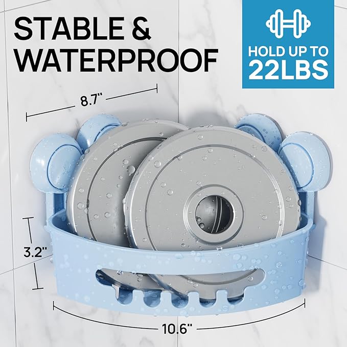 LEVERLOC Corner Shower Caddy Suction Cup, shower shelves suction cup, 2 Pack Basket Powerful Bathroom, Waterproof & Oil-proof Organizer for Kitchen, No-Drilling Removable (Blue)