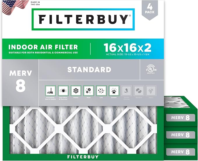 Filterbuy 16x16x2 Air Filter MERV 8 Essential Dust & Allergy Defense,