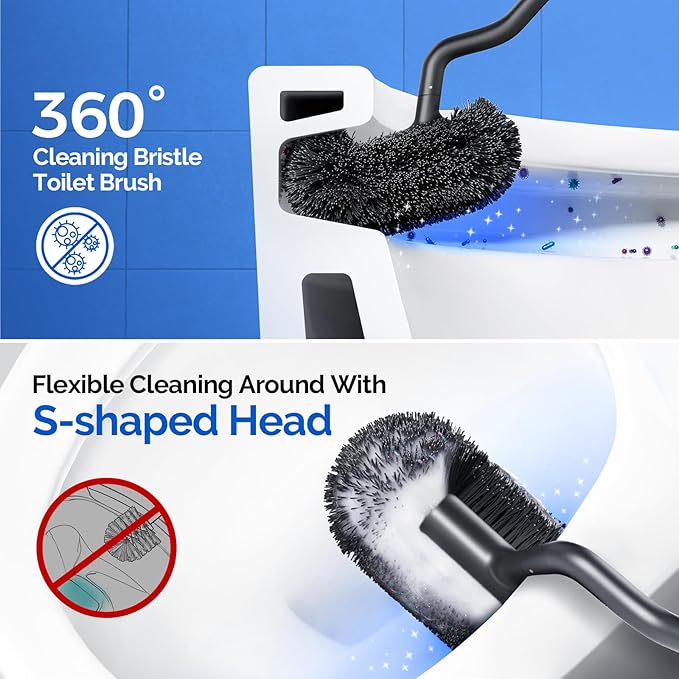HAMITOR Toilet Brush and Holder Set：Stainless Steel Deep Clean Bathroom