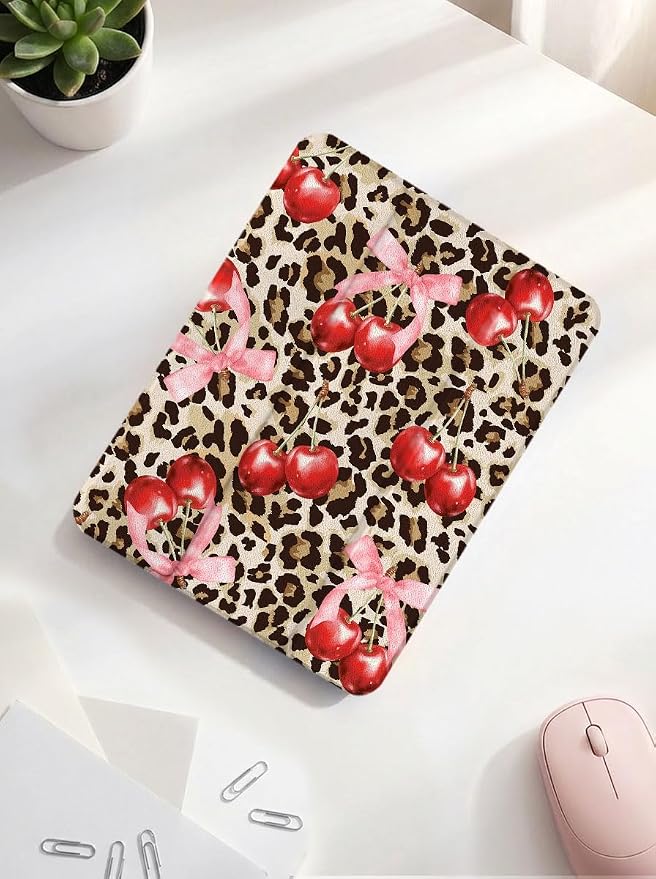 Case for iPad 9th/ 8th/ 7th Generation Case 10.2&amp10.5 Inch (2021/2020/2019 Release) Slim Lightweight Soft Trifold Back Cover with Pencil Holder &amp Auto Sleep/Wake Cover Cherries Cheetah Bows