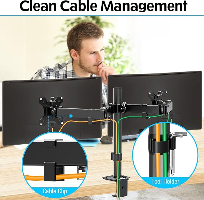 MOUNTUP Dual Monitor Desk Mount, Max 32 Inch up to 17.6lbs, Fully Adjustable Dual Monitor Arm for 2 LCD Screens, Double Monitor Stand with C-Clamp and Grommet Base