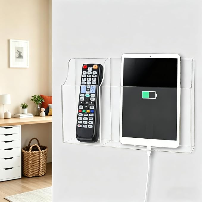 Clear Wall Tablet Holder Acrylic Wall Mounted Phone Holder for iPad Remote Control Holder Laptop Stand for eReader Storage Caddy with Charging Holes for Kindle iPhone
