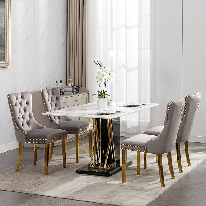 Luxury Upholstered Dining Chairs Set of 4, Grey Kitchen Chair with Golden Metal Legs, Velvet Tufted Back Dining Chair, Sillas de Comedor, Modern Kitchen & Dining Room Chairs (Gray, 4 Pcs)