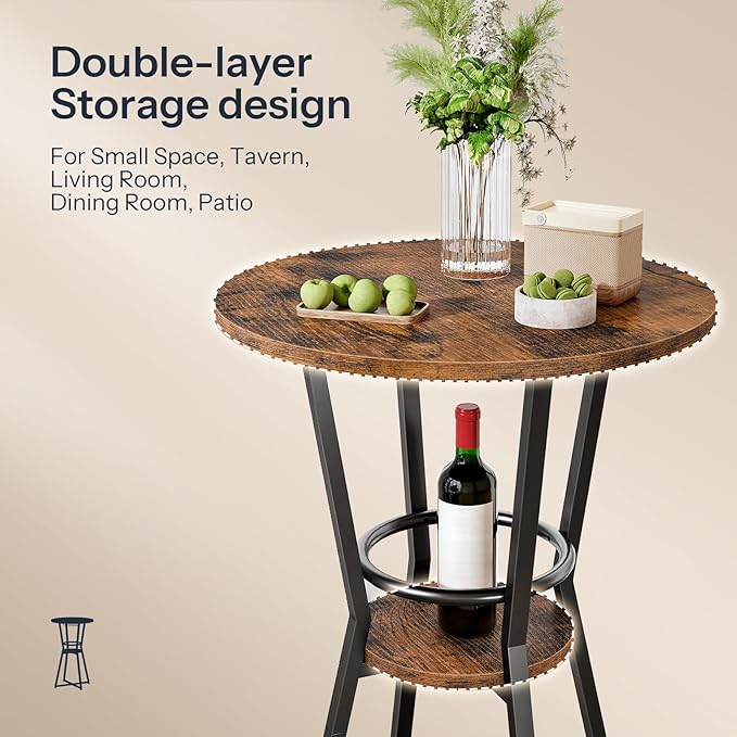 HOOBRO Round Bar Table, 2-Tier Counter Height Pub Table with Wine Glass Holder, Industrial Cocktail Table, for Small Space, Tavern, Living Room, Dining Room, Patio, Rustic Brown and Black BF62BT01G1