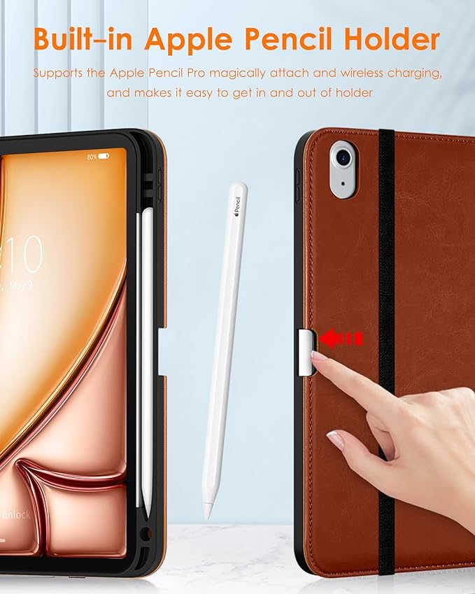 DTTO for iPad Air 11-inch Case M4/M3/M2 (2026/2025/2024) iPad Air 5th / 4th Generation (2022/2020) Premium Leather Business Folio Stand Cover with Pencil Holder - Auto Sleep/Wake Brown
