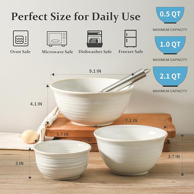 HASENSE Ceramic Mixing Bowls Set, 2.1/1.0/0.5 Qt, Handmade Salad Serving Bowls for Kitchen, Deep Nesting Dishes for Storage and Baking, Microwave Dishwasher Safe, Clay-Infused White
