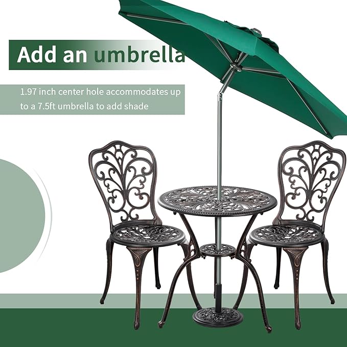 3 Piece Patio Set Outdoor Bistro Set,Cast Aluminum Bistro Table and Chairs Set of 2 with Umbrella Hole,All Weather Patio Bistro Sets for Front Porch Set Garden,Backyard(Brown)
