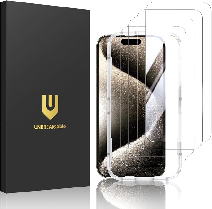 UNBREAKcable 4-Pack iPhone 15 Screen Protector 9H Hardness | 9H tempered glass | 99.99% HD clarity | Double Shatterproof|alignment frame easy install | case-friendly