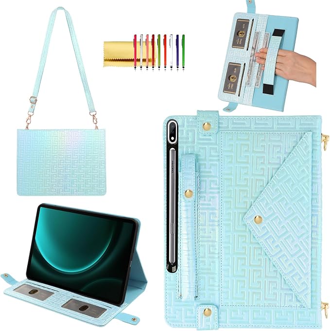 Handbag Case for Samsung Galaxy Tab S10 FE/S9 FE 10.9/S9/S8/S7 11 Techcircle Folio Stand Crossbody Wallet Protective Cover with S Pen Holder &amp Card Slots Hand Strap &amp Shoulder Strap Black