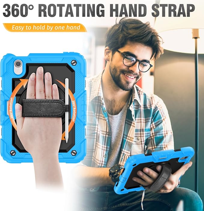 HXCASEAC Case for iPad mini 7 (A17 Pro) / iPad mini 6 Case 8.3 inch Full Body Protective with Carrying Strap Hand Strap Protector Pencil Holder 360 Rotating Stand A2995 A2993 A2567 A2568 Black