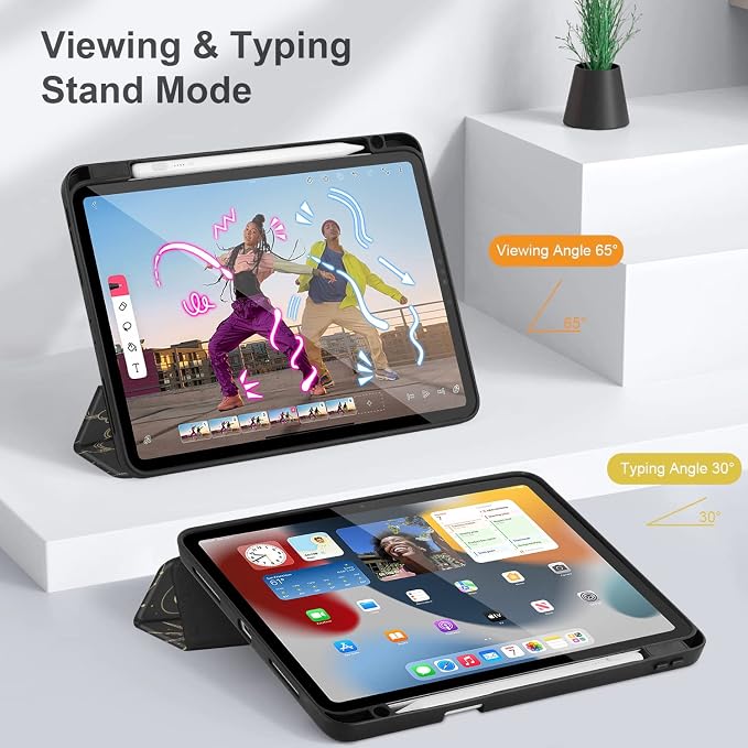 Tuiklol for iPad Pro 11 Inch 4th / 3rd / 2nd / 1st Gen (2022 2021 2020 2018) Case -Built-in Pencil Holder Shockproof Cover Clear Transparent Back Shell with Auto Wake/Sleep Black Flower